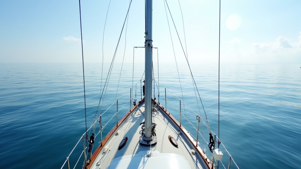 A view of a sailboat on calm open water, gentle ripples reflecting the sky, with visible ropes, sails, and nautical equipment.