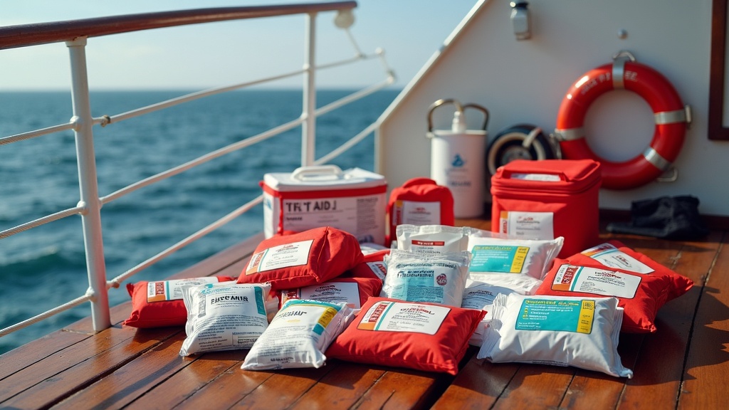 basic-first-aid-equipment-for-a-ship-displayed-on-a-wooden-deck-with-the-ocean-in-the-background-