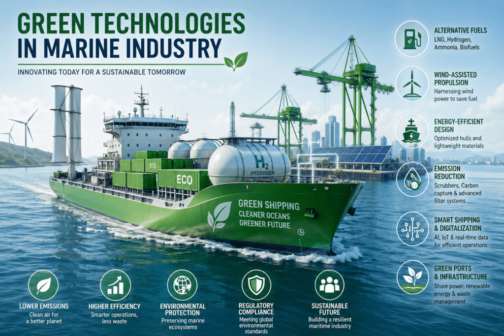 Green shipping infographic: a green cargo ship labeled Green Shipping with port cranes and eco-tech icons showing fuels, propulsion, design, and emissions reduction in the background.