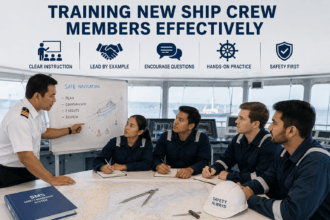 - Seafarer Trainings Ship officer training new crew member on deck during vessel familiarisation