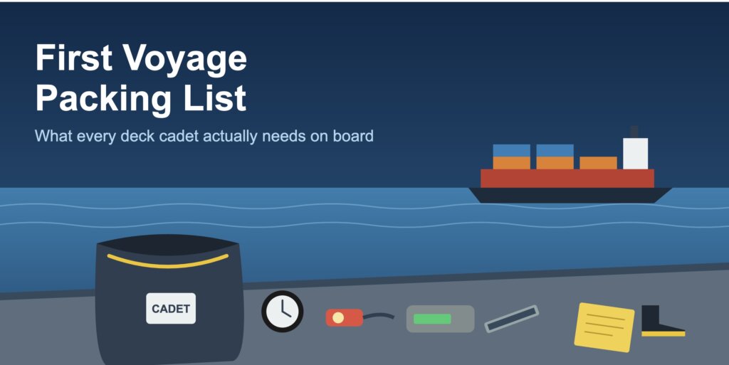 Open seabag on a ship deck with a watch, headlamp, power bank, multitool, notebook and safety boots; cargo ship on the horizon.